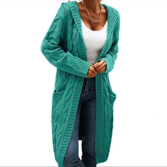 Luxe Cable Knit Long Sleeve Sweater Cardigan Open Front Pocket Hooded Hood - Picture 9 of 16